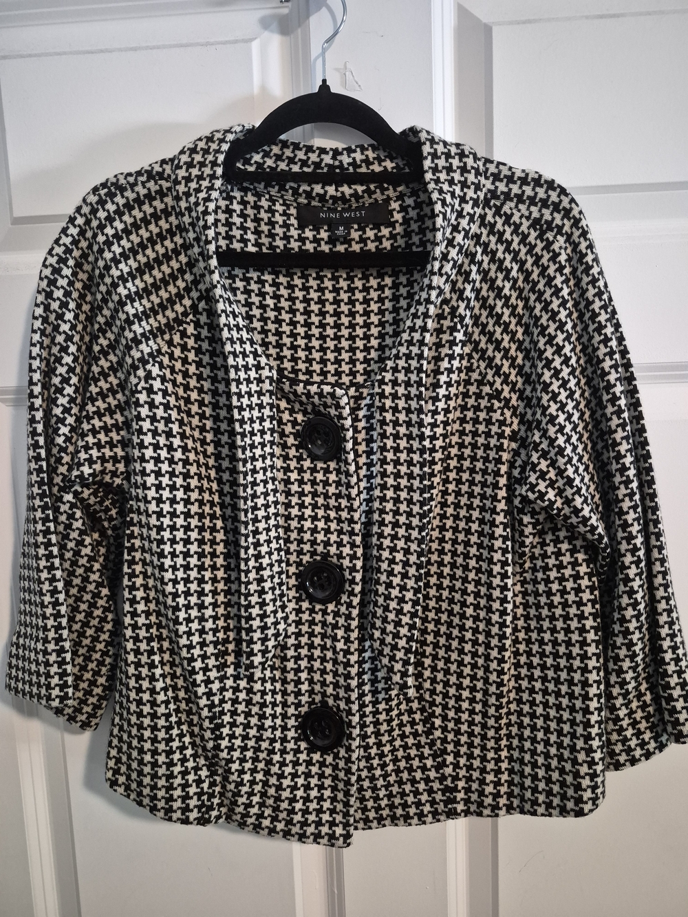 Nine West Houndstooth Knit Blazer  Jacket Black White Office Chic Medium